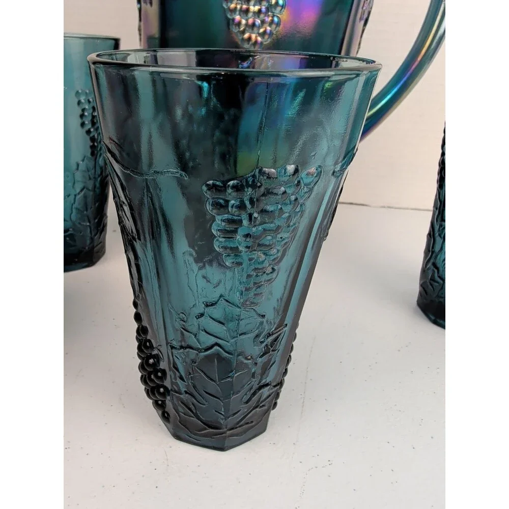 Blue Carnival Glass Harvest Grape Iridescent Pitcher & Tumblers Set 4 Piece Vtg